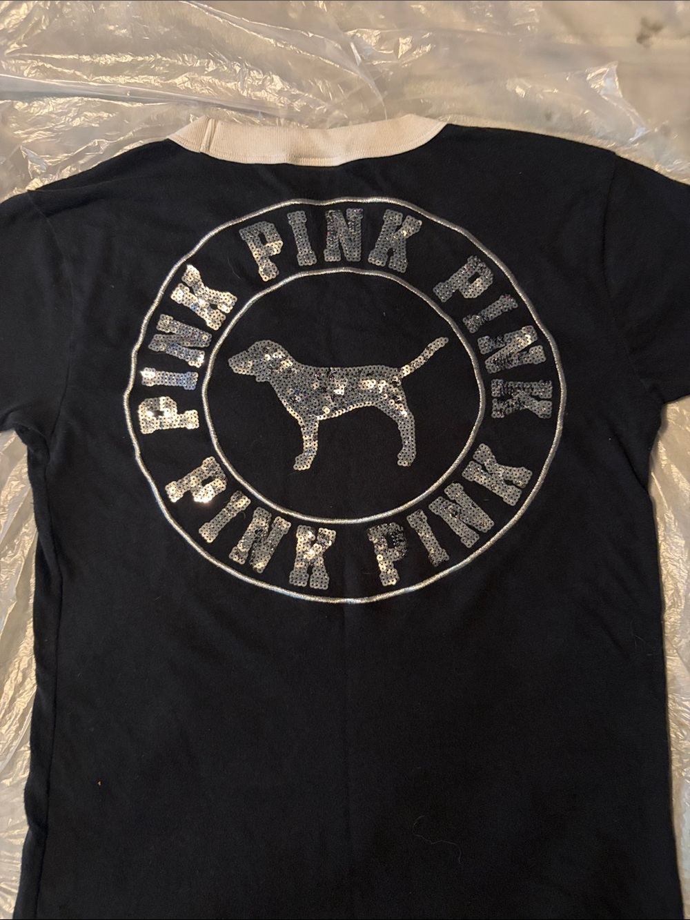PINK Victoria's Secret Black Tee with Silver Sequin Dog Logo